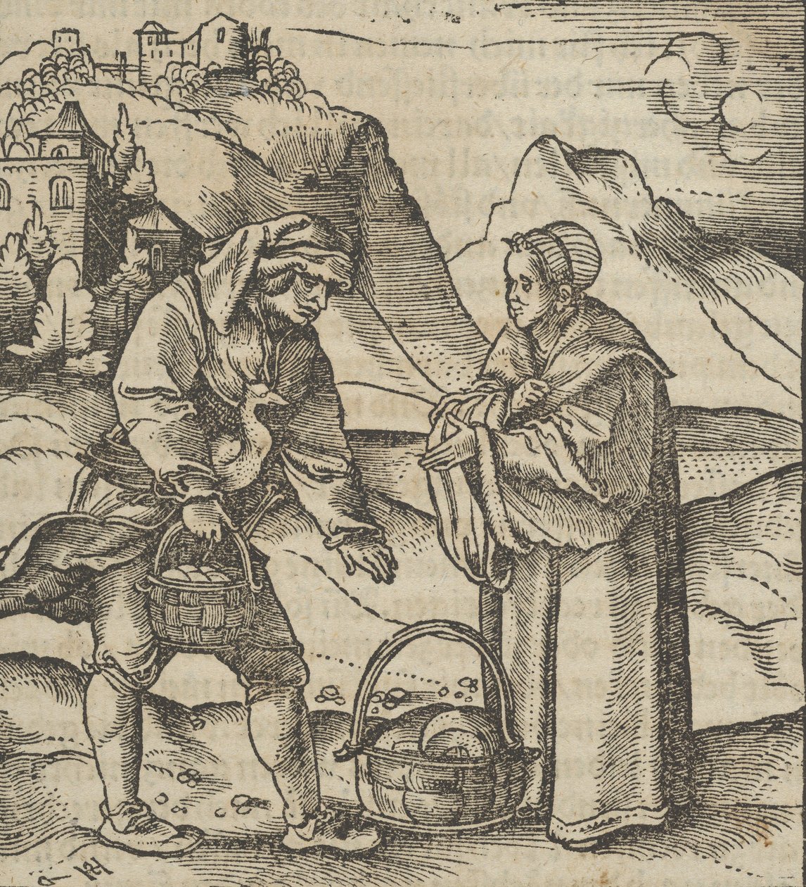 En bonde og hans beskytter, fra Hymmelwagen auff dem, wer wol leben..., 1517. av Hans Schäufelein the Elder