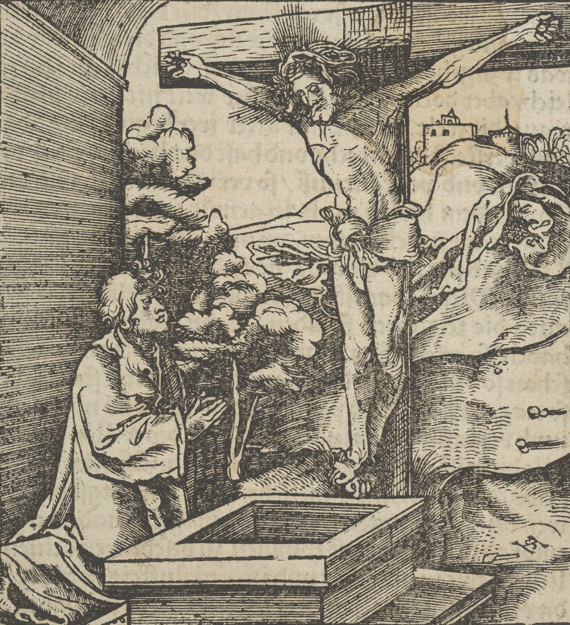 En mann som ber foran et krusifiks, fra Hymmelwagen auff dem, wer wol Leben..., 1517. av Hans Schäufelein the Elder