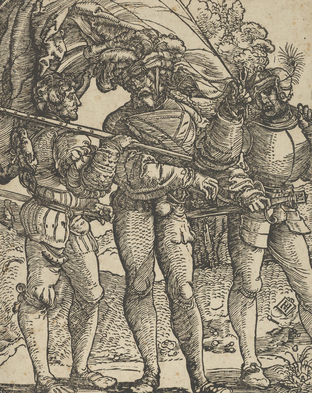 En fanebærer flankert av et Lansquenet på hver sidekopi. av Hans Schäufelein the Elder