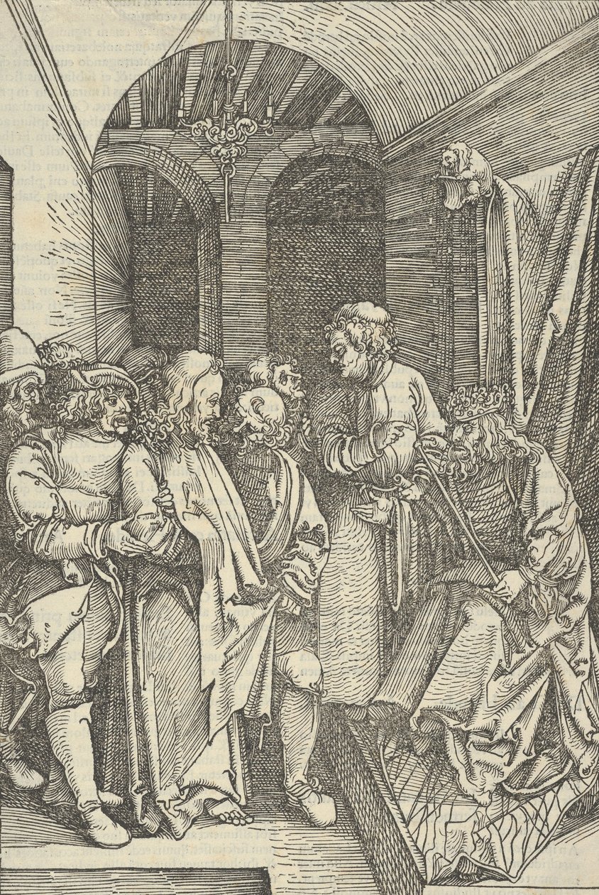 Kristus foran Herodes i en sal, fra speilet av lidenskapen til vår Herre Jesu Kristi, 1507., 1507. av Hans Schäufelein the Elder