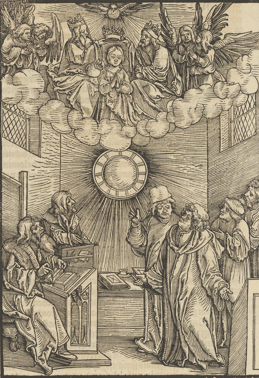 Forfatteren som skriver Layenspiegel, Treenigheten og Jomfruen i det øvre senteret, fra ..., 1511. av Hans Schäufelein the Elder