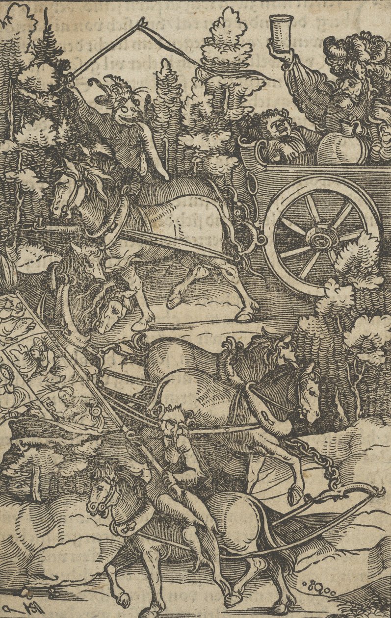 Den fulle mannen på en vogn på vei til helvete, fra Hymmelwagen om hvem wol lever....., 1517. av Hans Schäufelein the Elder