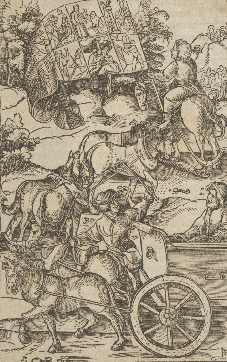 The Virtuous Man on a Chariot on his Way to Heaven, fra Hymmelwagen auff dem, wer wol leb..., 1517. av Hans Schäufelein the Elder
