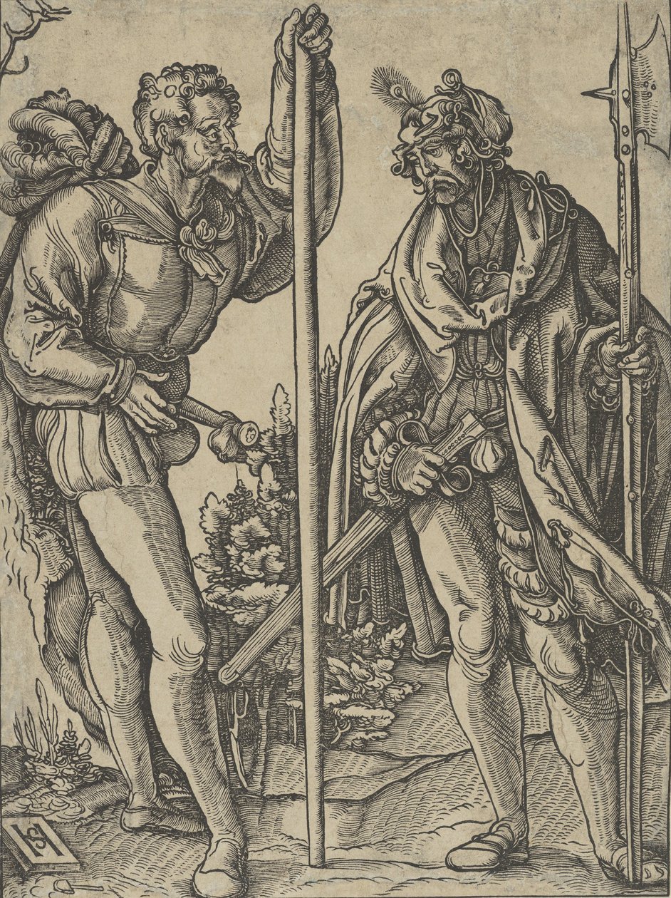 To soldater med lanse og hellebard i samtale, ca. 1515. av Hans Schäufelein the Elder