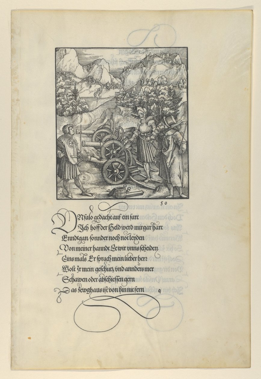 Unfalo Endangering Theuerdanck, Causing the Explosion of Three Cannons, fra Theuerdan..., 1517. av Hans Schäufelein the Elder
