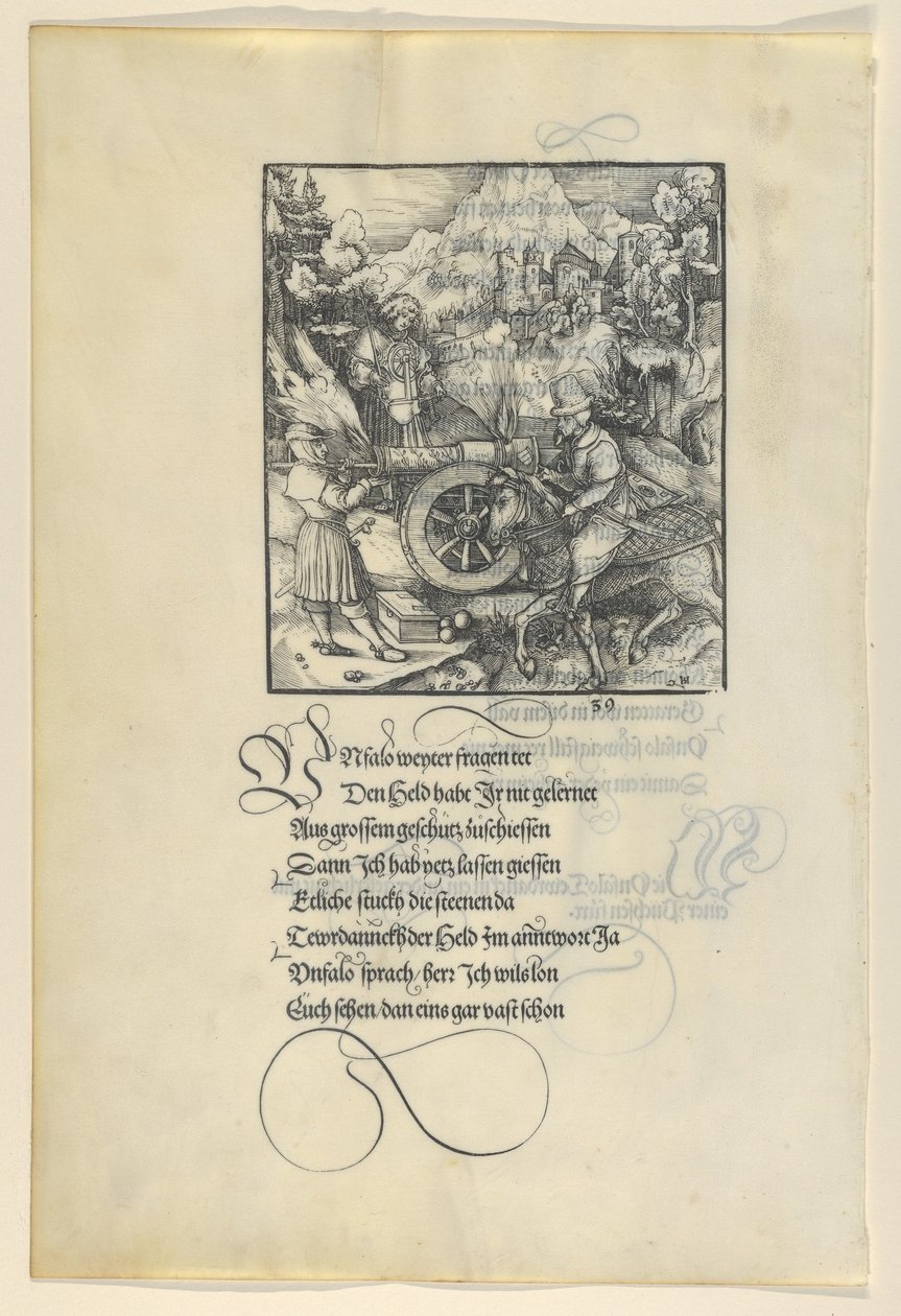 Unfalo setter Theuerdanck i fare mens han skyter en kanon, fra Theuerdanck, 1517. av Hans Schäufelein the Elder