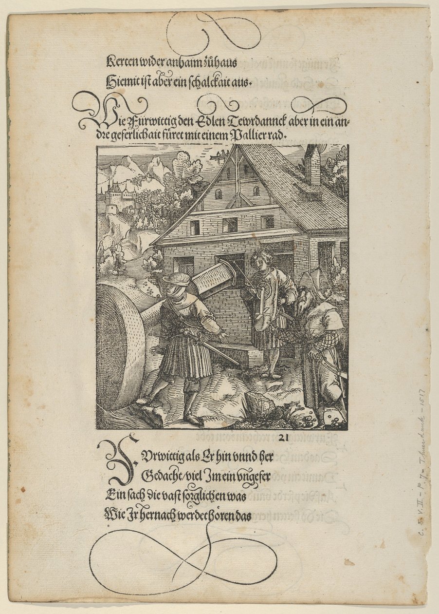 Oppfordret av Fürwittig, Theuerdanck prøver å manipulere en poleringsstein, fra Theuerdanck,..., 1517. av Hans Schäufelein the Elder