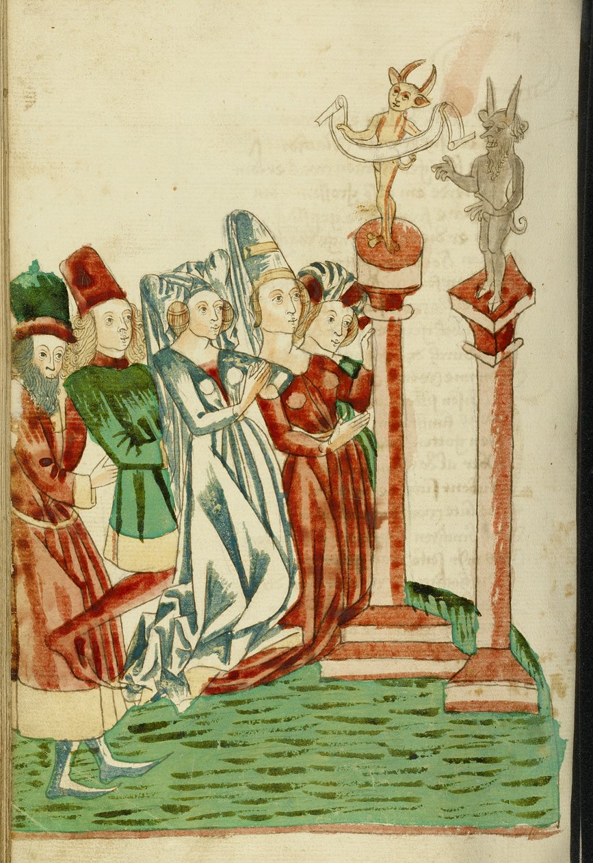 En gruppe menn og kvinner tilber to idoler, 1469 (blekk, vask og tempera på papir) av Hans Schilling