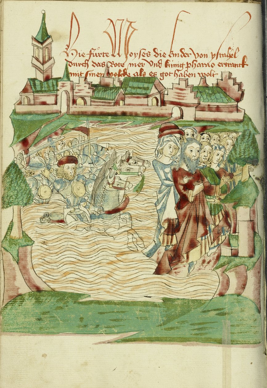 Krysset av Rødehavet Ms Ludwig XV 9 fol. 56v, 1469 (blekk, fargevask og tempera på papir) av Hans Schilling