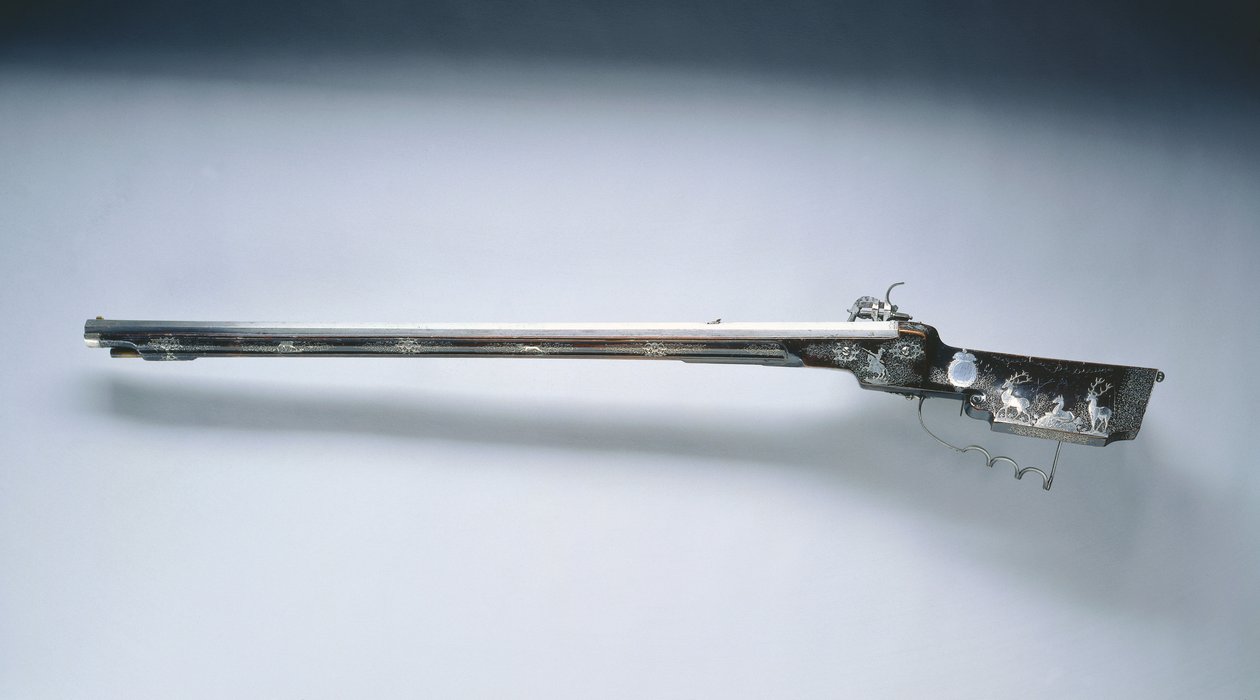 Wheel-Lock jaktrifle, midten av 1600-tallet (stål, lakkert tre (valnøtt) lager dekorert med innlagt sølvtråd og applikasjoner) av Hans Schmidt
