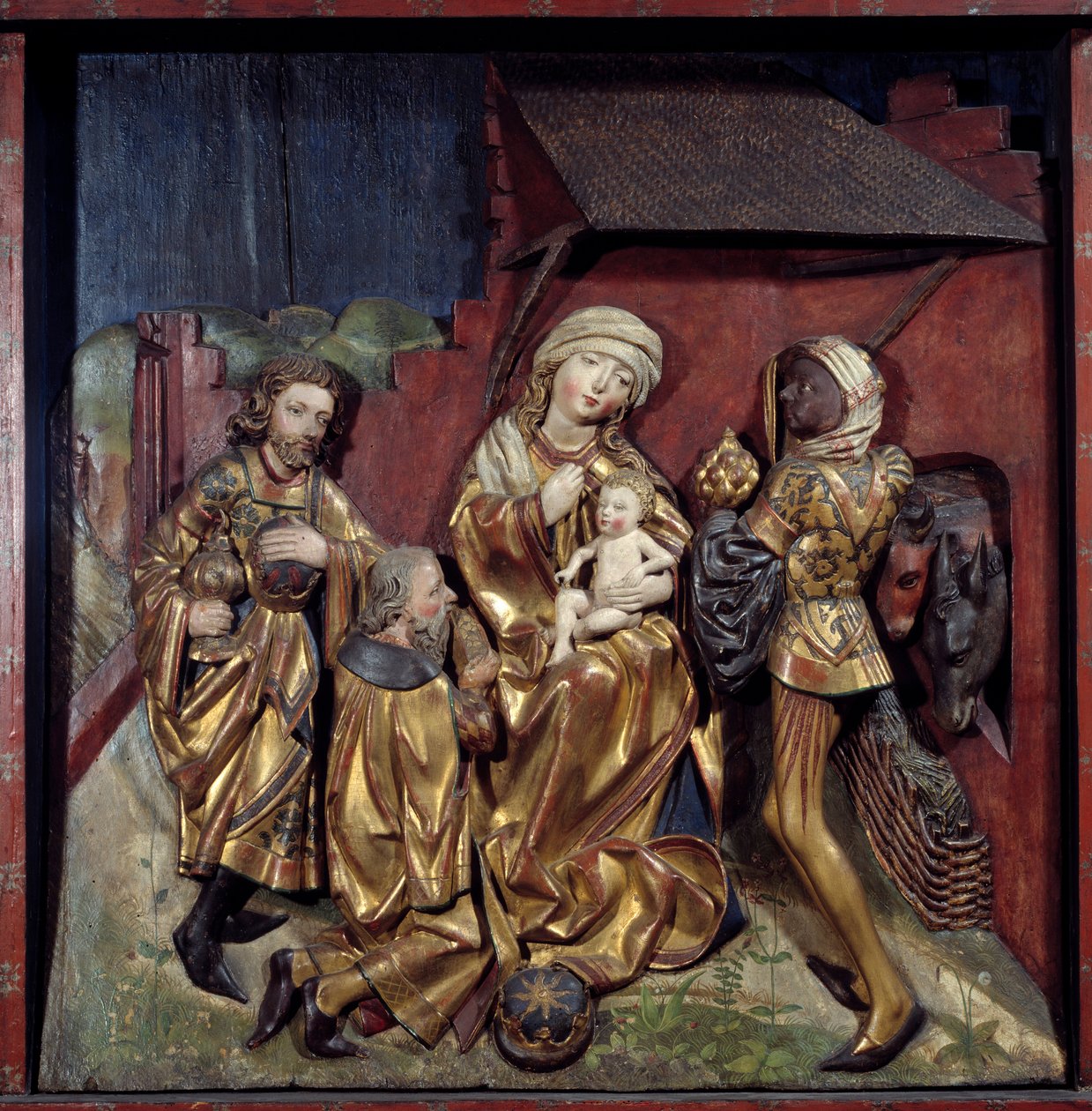 Tilbedelse av magi-relieffet på polykromt gulltre av Hans Schuechlin (1440-1505) av Hans Schüchlin