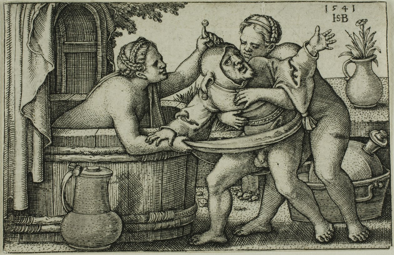 Buffoon og to badende kvinner av Hans Sebald Beham