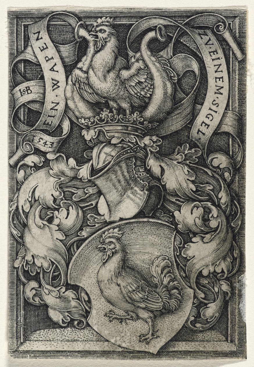 Våpenskjold med en hane, 1543 (gravering på lagt papir) av Hans Sebald Beham