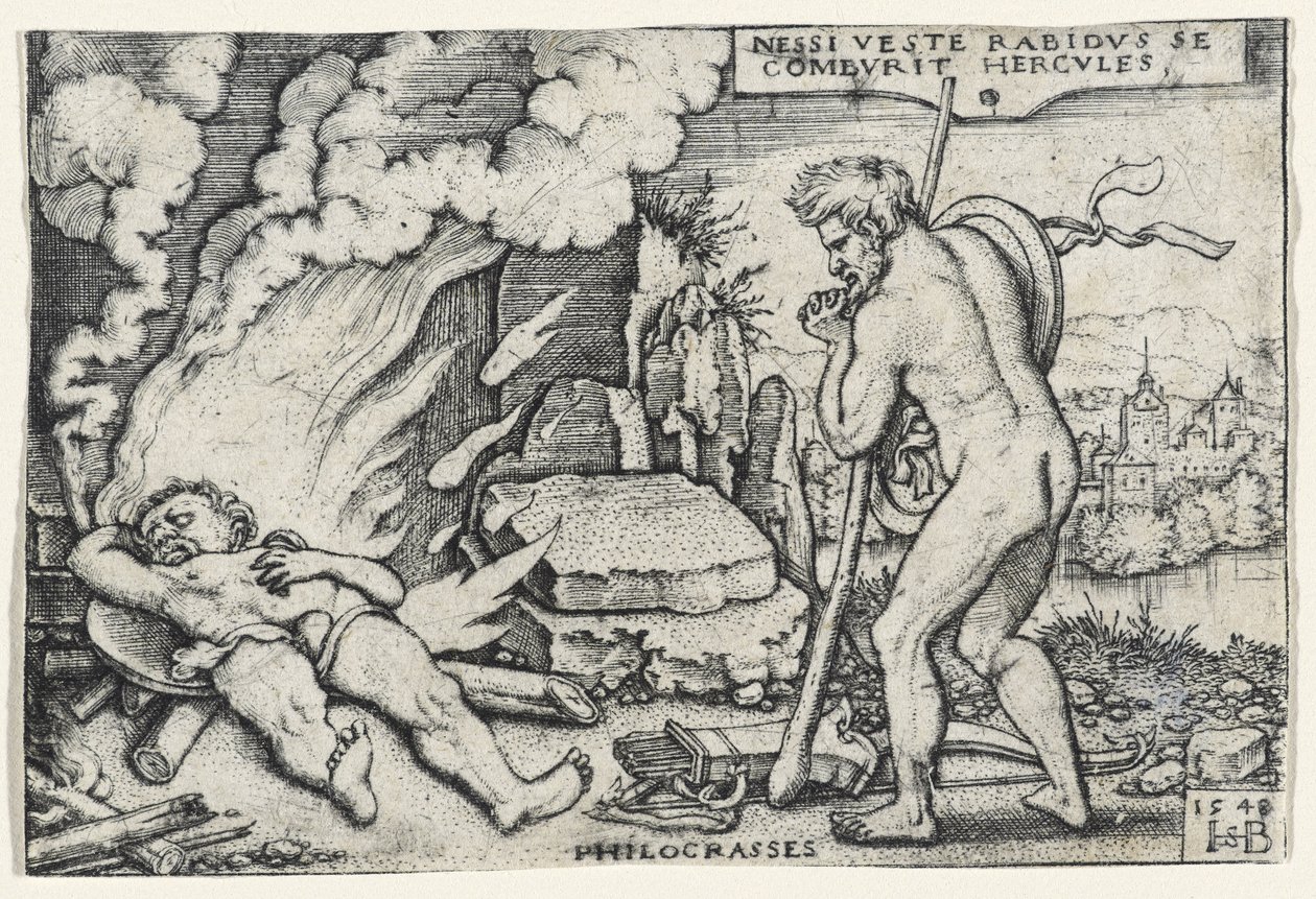 Death of Hercules, 1548 (gravering på lagt papir montert på papirmassebrett) av Hans Sebald Beham