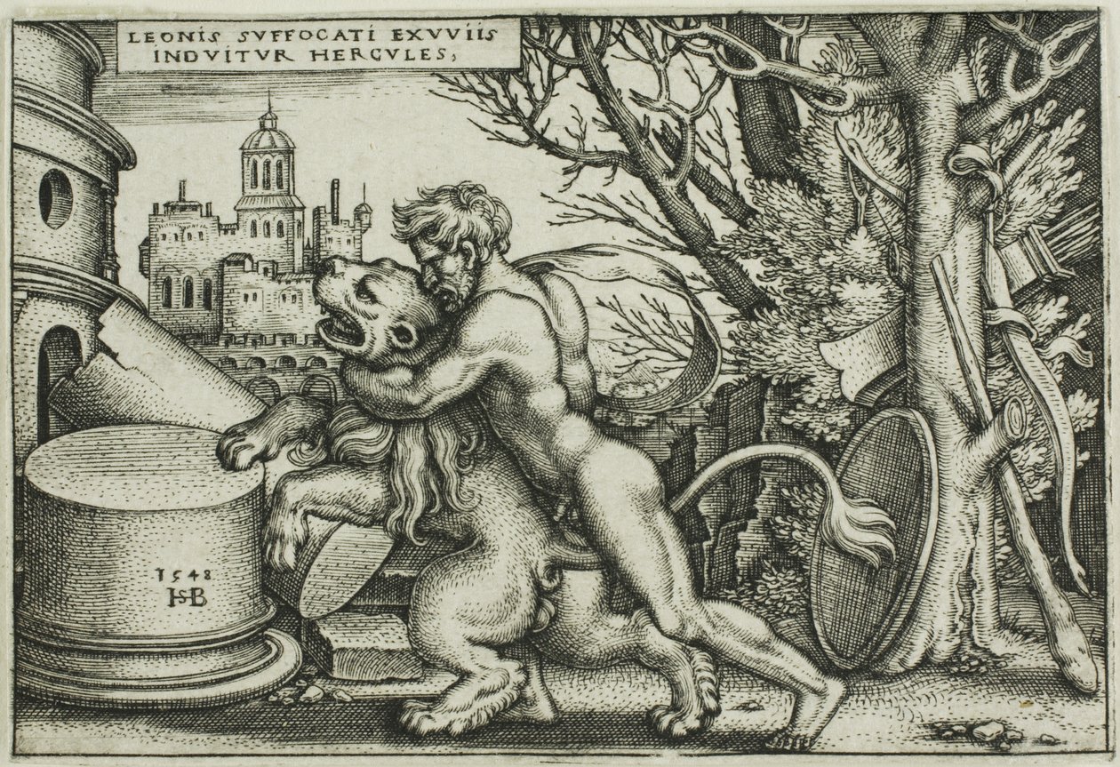 Hercules and the Nemean Lion, fra The Labours of Hercules av Hans Sebald Beham