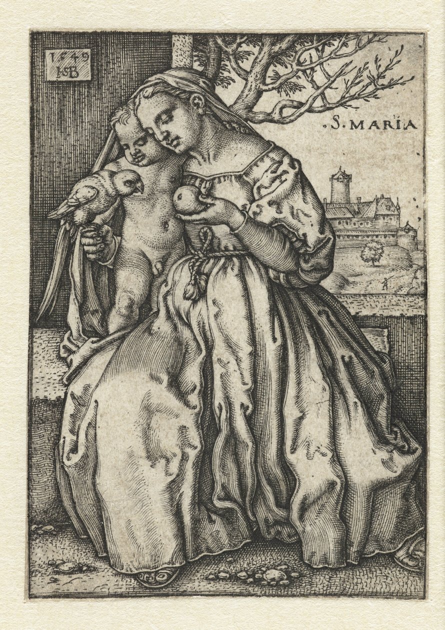Mary med barn og papegøye og pære av Hans Sebald Beham