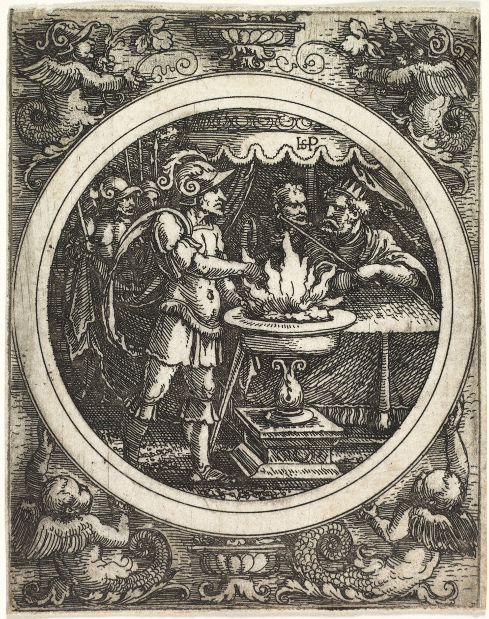 Mucius Scaevola holder hånden i ilden, ca. 1520. av Hans Sebald Beham