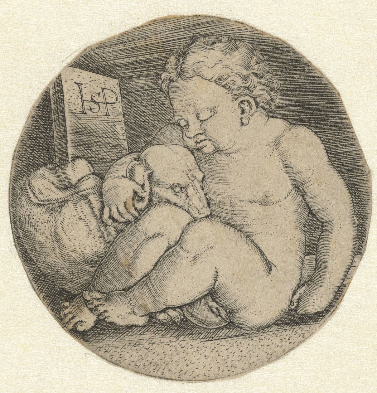 Naken jente med hund av Hans Sebald Beham