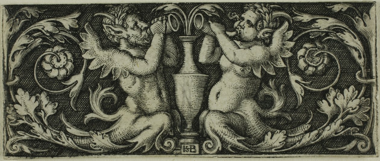 Ornament med Two Tritons, fra Four Vignettes av Hans Sebald Beham
