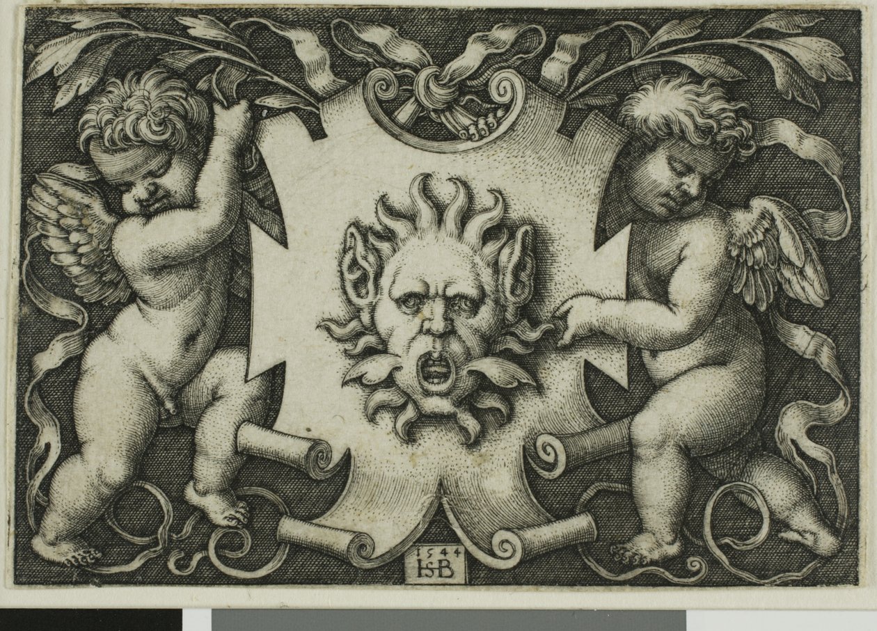 Ornament med en maske holdt av Two Genii av Hans Sebald Beham
