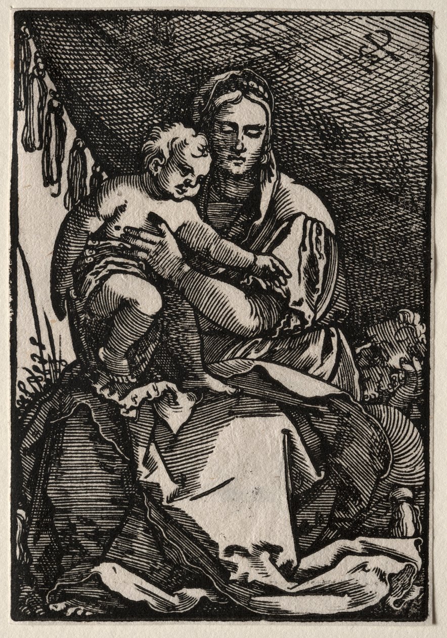 Den hellige familie under et telt. av Hans Sebald Beham