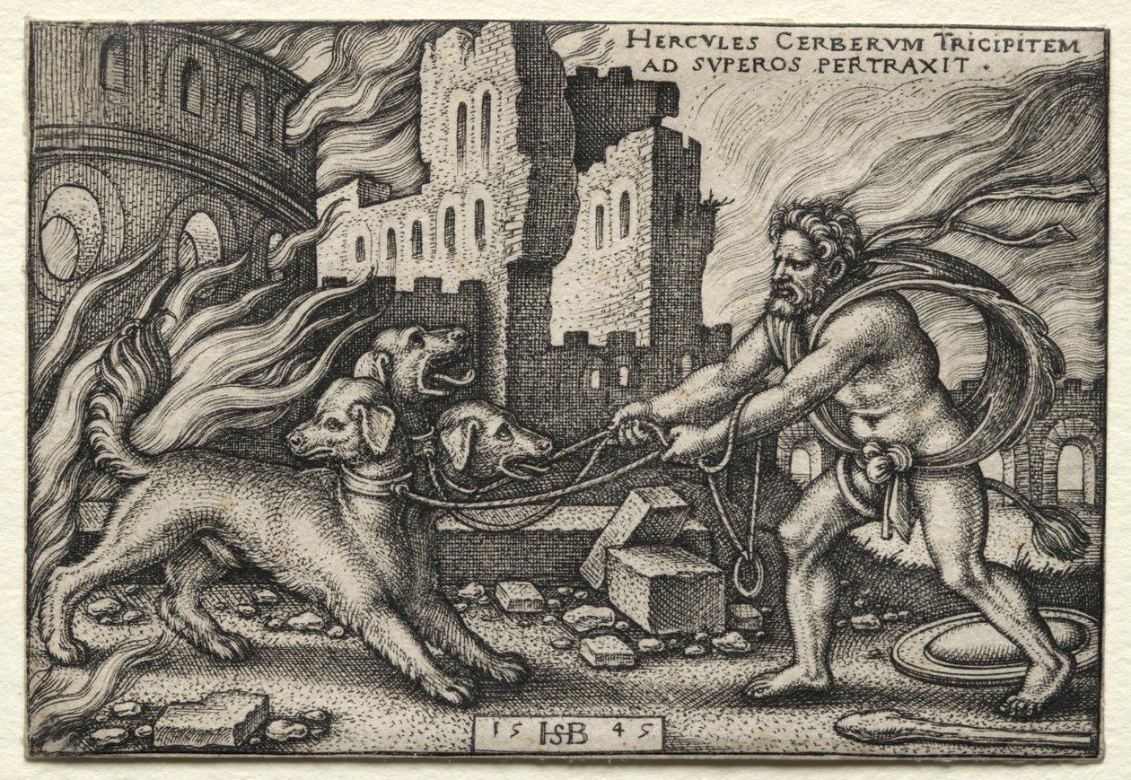 The Labors of Hercules: Hercules som drar Cerberus fra underverdenen av Hans Sebald Beham