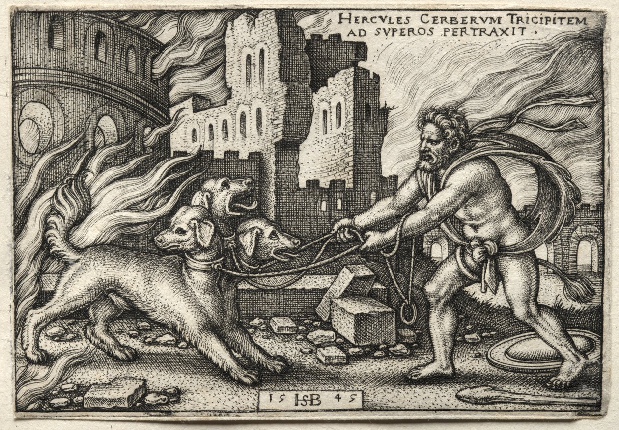 The Labors of Hercules: Hercules som drar Cerberus fra underverdenen av Hans Sebald Beham