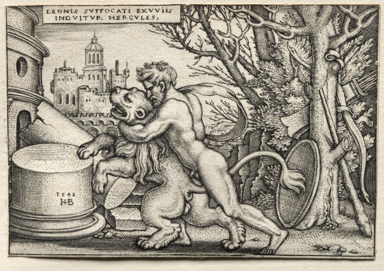 The Labors of Hercules: Hercules Strangling the Nemean Lion av Hans Sebald Beham