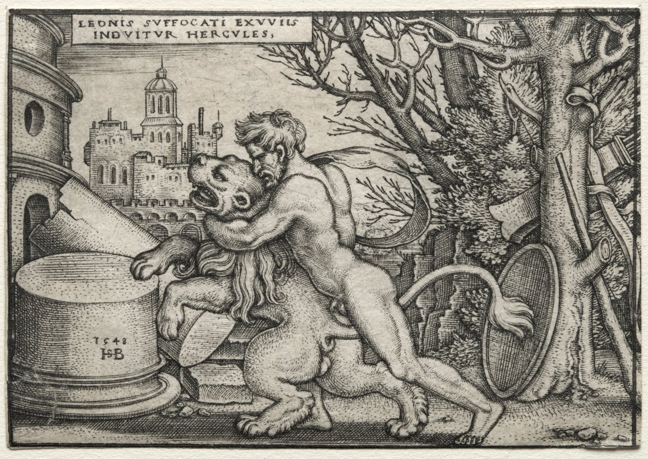 The Labors of Hercules: Hercules Strangling the Nemean Lion, 1548. av Hans Sebald Beham