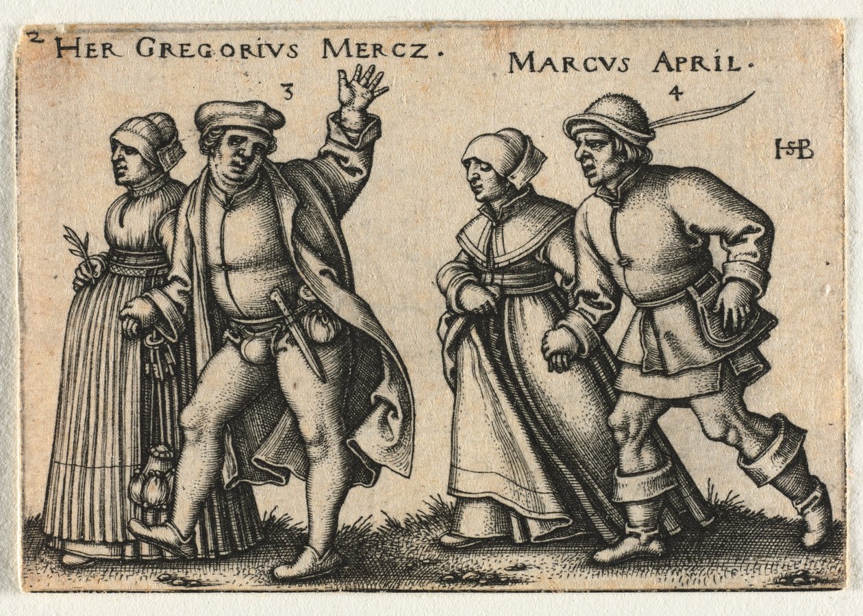 Bondebryllupet eller de tolv månedene: 3-Hennes Gregorius Mercz 4-Marcus april av Hans Sebald Beham