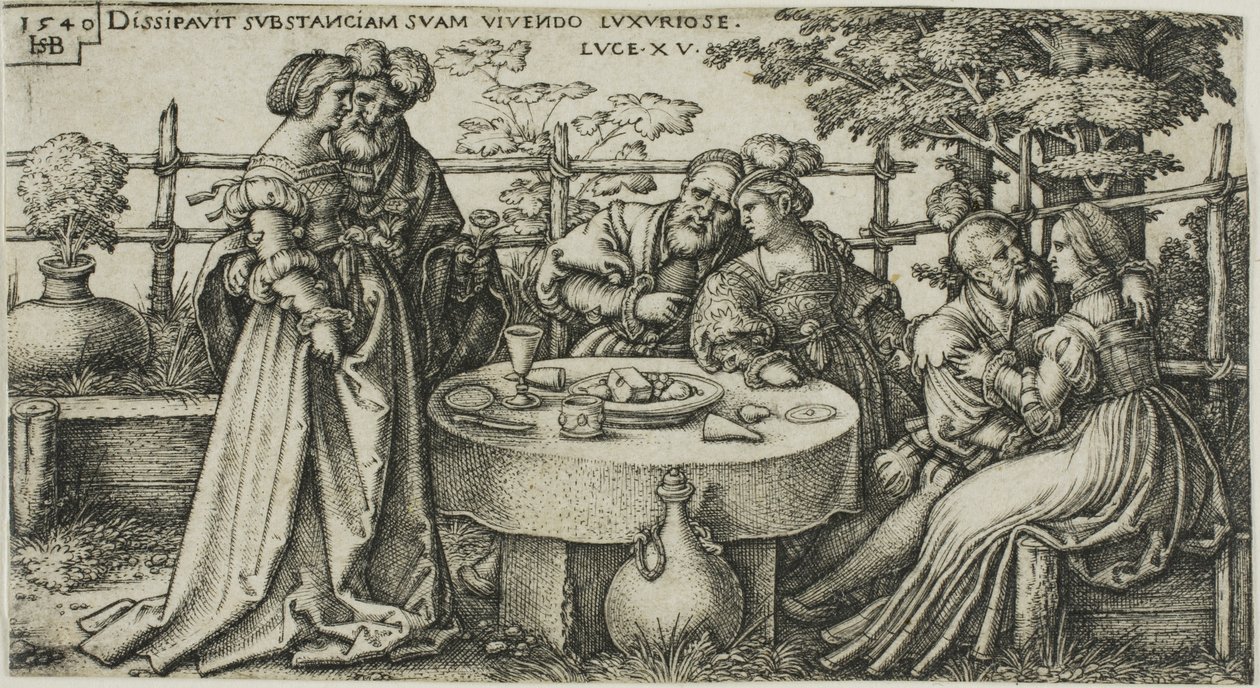 The Prodigal Son Wasting his Fortune, plate to fra The History of the Prodigal Son av Hans Sebald Beham