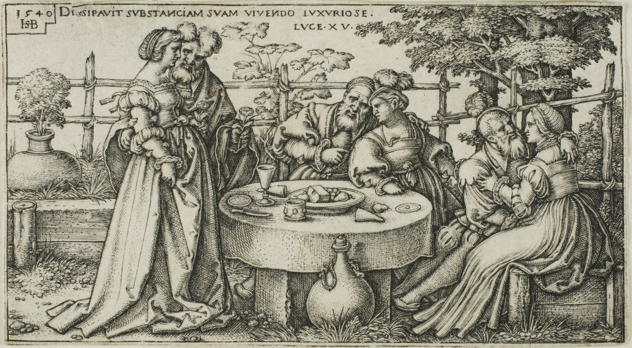 The Prodigal Son Wasting his Fortune, plate to fra The History of the Prodigal Son av Hans Sebald Beham