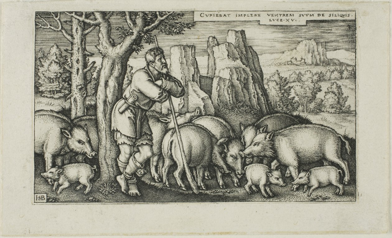 The Prodigal Son with the Swine, plate tre fra The History of the Prodigal Son av Hans Sebald Beham