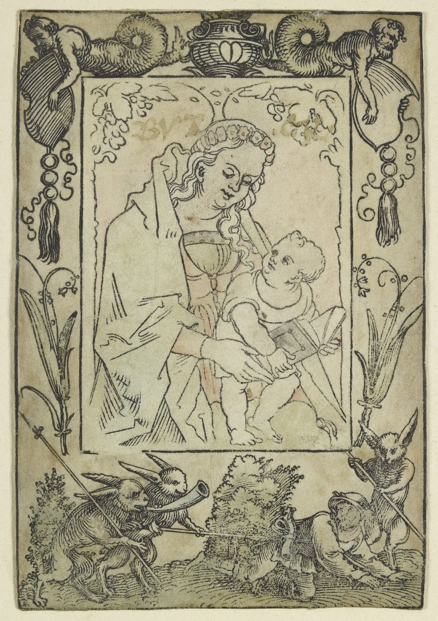 Jomfruen og barnet omgitt av en kant med en jeger og noen kaniner (tresnitt, overarbeidet i akvarell, trykt på pergament) av Hans Sebald Beham