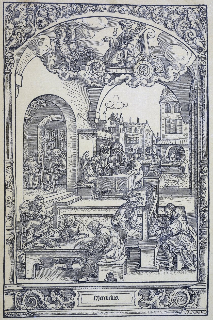 Planeten Merkur og kunstnere, lærde og teknikere, c1535 (gravering) av Hans Sebald Beham