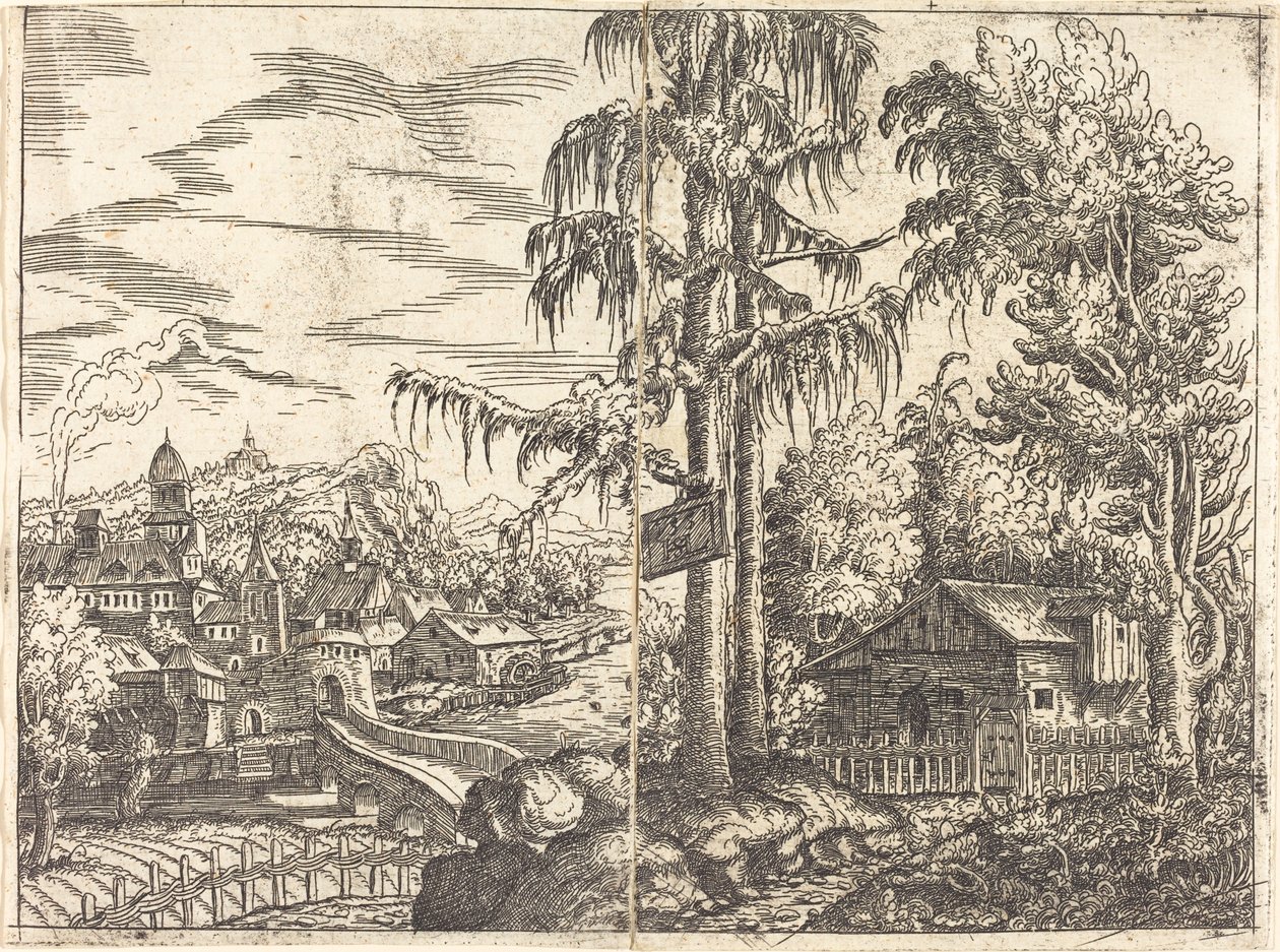 Landskap med utsikt over en bondehytte og en by nær en elv, 1551. av Hans Sebald Lautensack