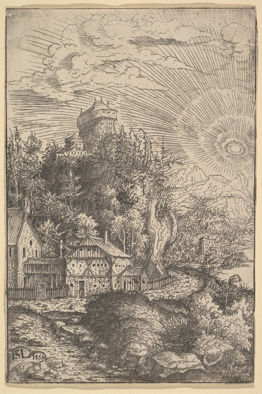 Landskap med et slott på en stein, 1553. av Hans Sebald Lautensack