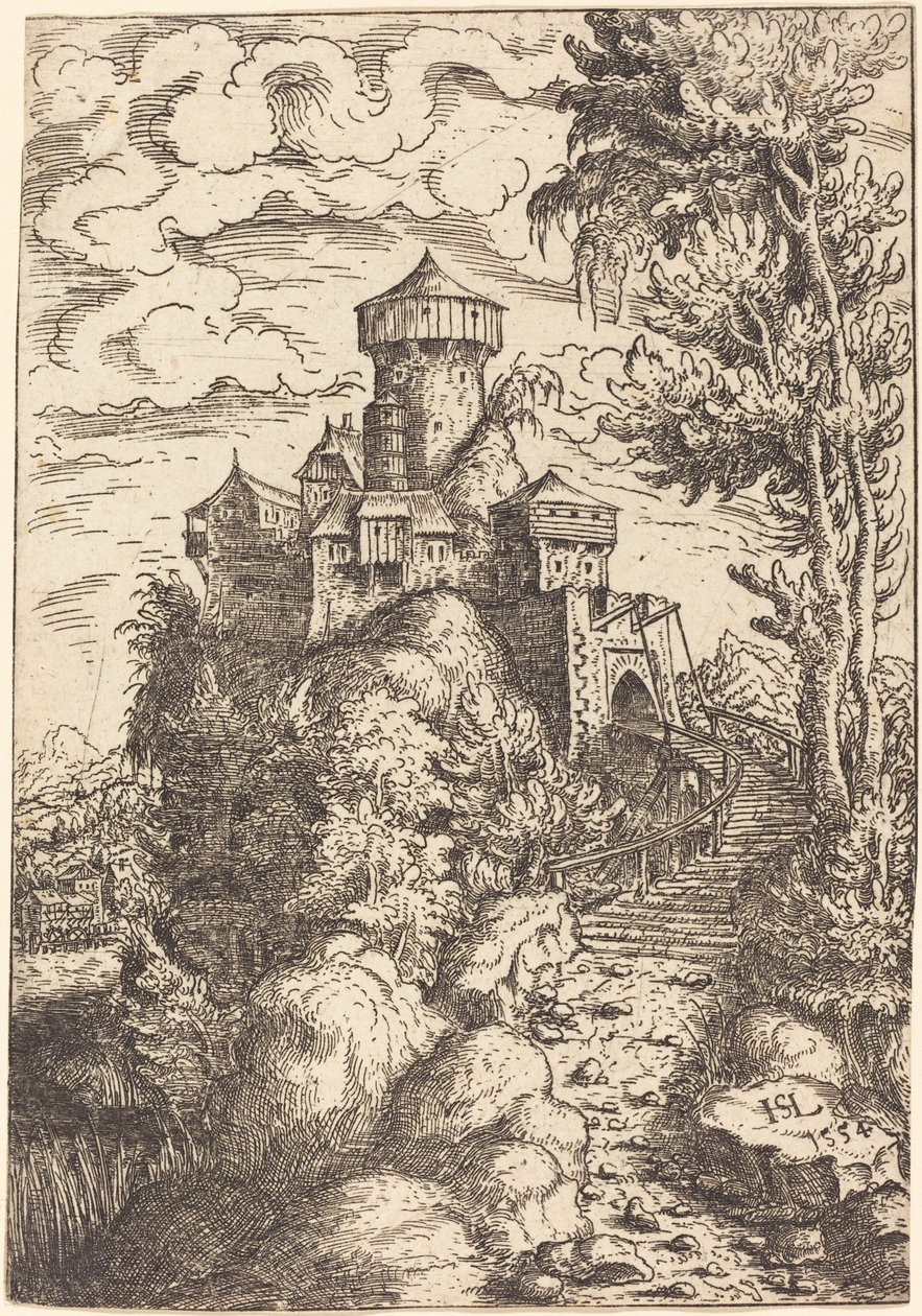 Landskap med en festning og stor trapp, 1554. av Hans Sebald Lautensack