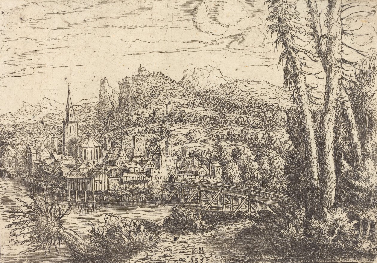 Utsikt over en by nær en elv, 1553. av Hans Sebald Lautensack