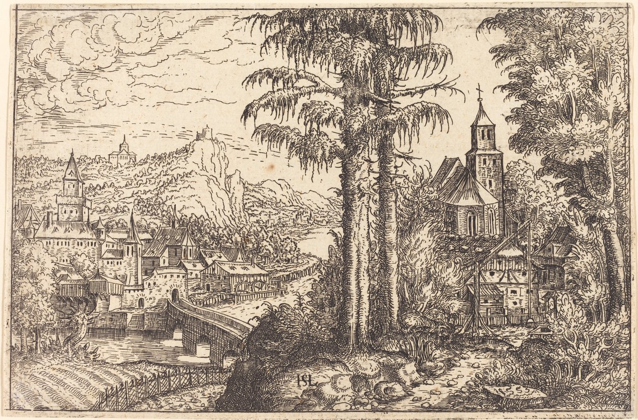 Utsikt over en by nær en elv med en kirke til høyre, 1553. av Hans Sebald Lautensack