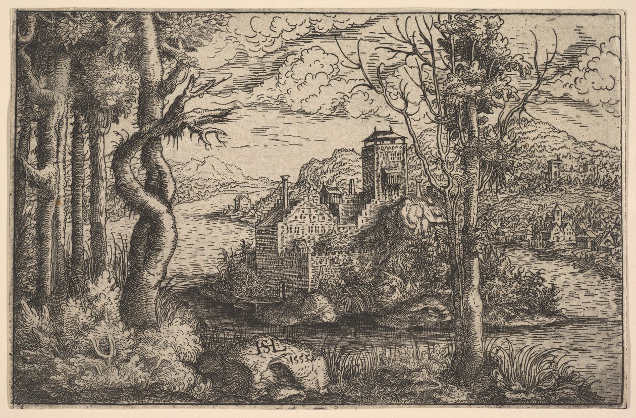 Utsikt over en elv, med et slott på en øy, 1553. av Hans Sebald Lautensack