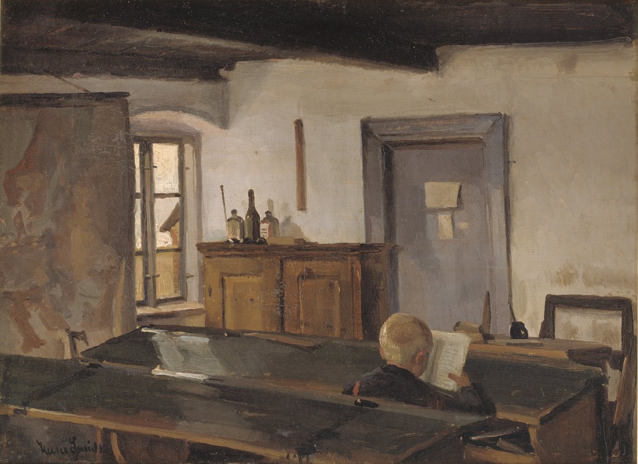 En skolestue med en lesegutt av Hans Smidth
