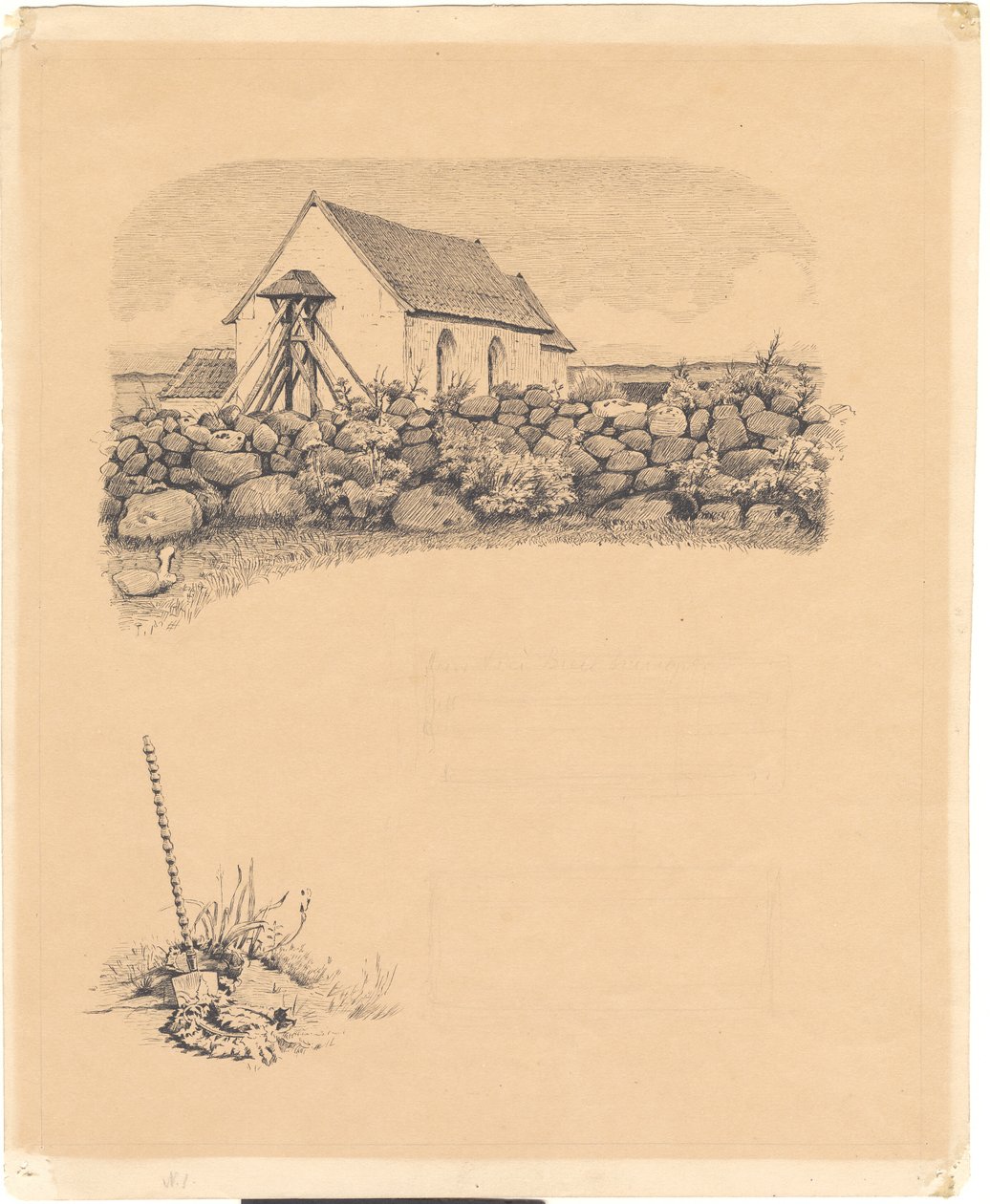 Illustrasjon for St. St. Bleachers: "Mowns". F.o.: kirke bak steiner; f.n.: gravsted (?) med spade av Hans Smidth