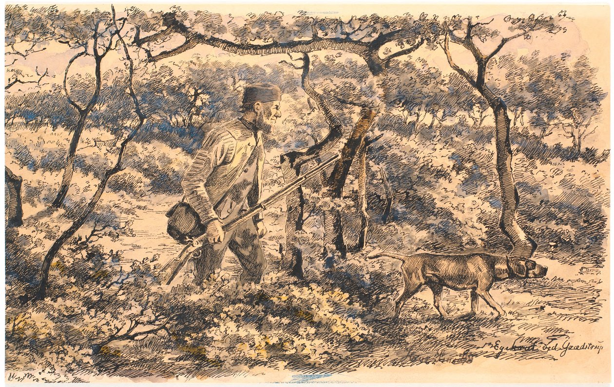 Krypskytter med hund i skogen av Hans Smidth