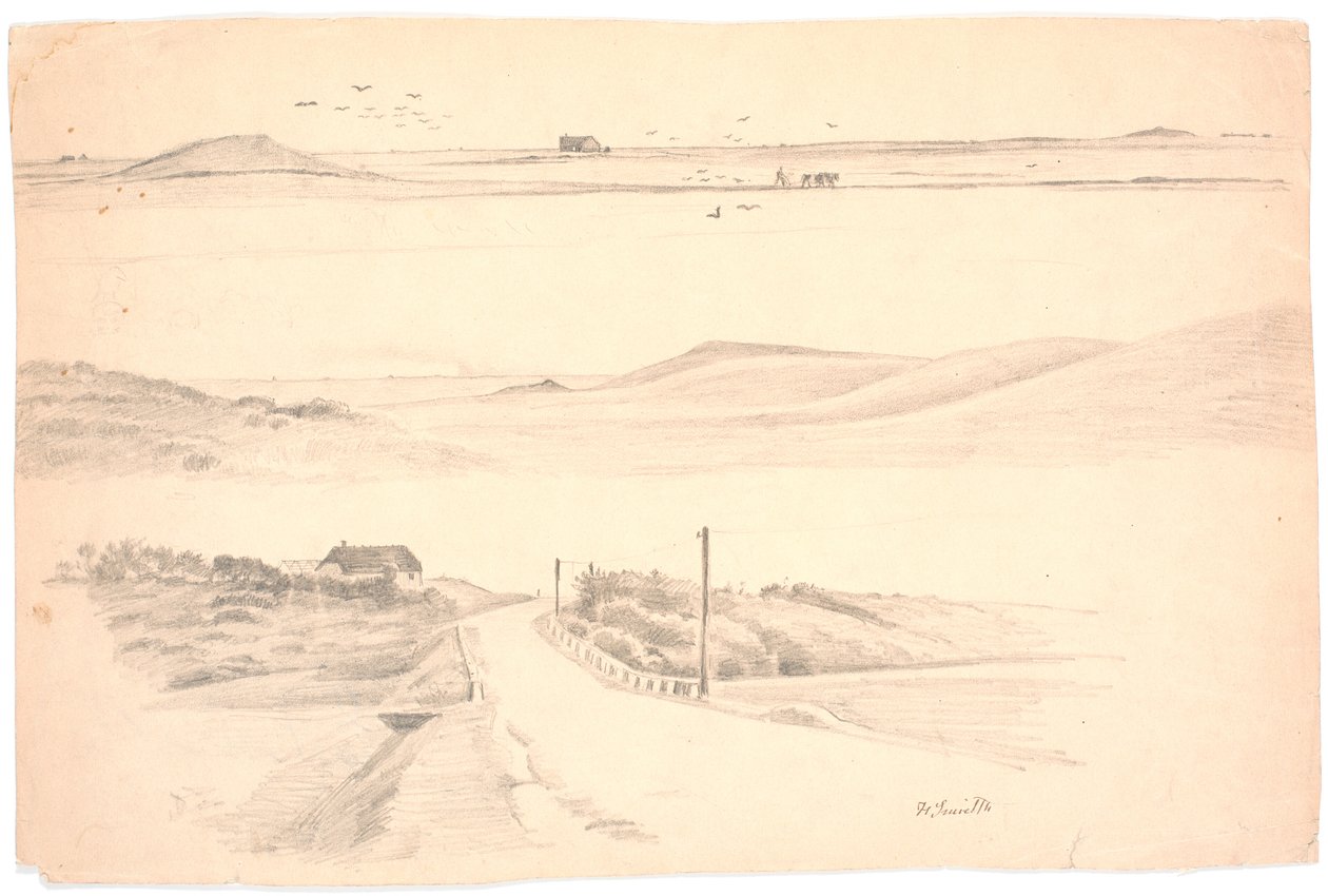 Studieblad med tre landskap fra Jylland. Øverst: landskap med pløyd åker; midten: landskap med høye åser; nederst: landskap med hus og vei av Hans Smidth