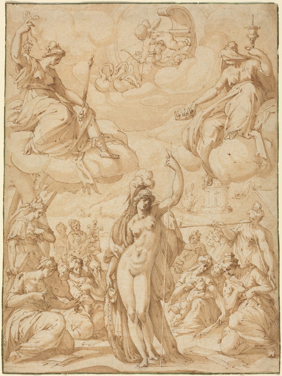 Allegori om Minerva som musenes hode, i eller før 1575 (penn og blekk) av Hans Speckaert