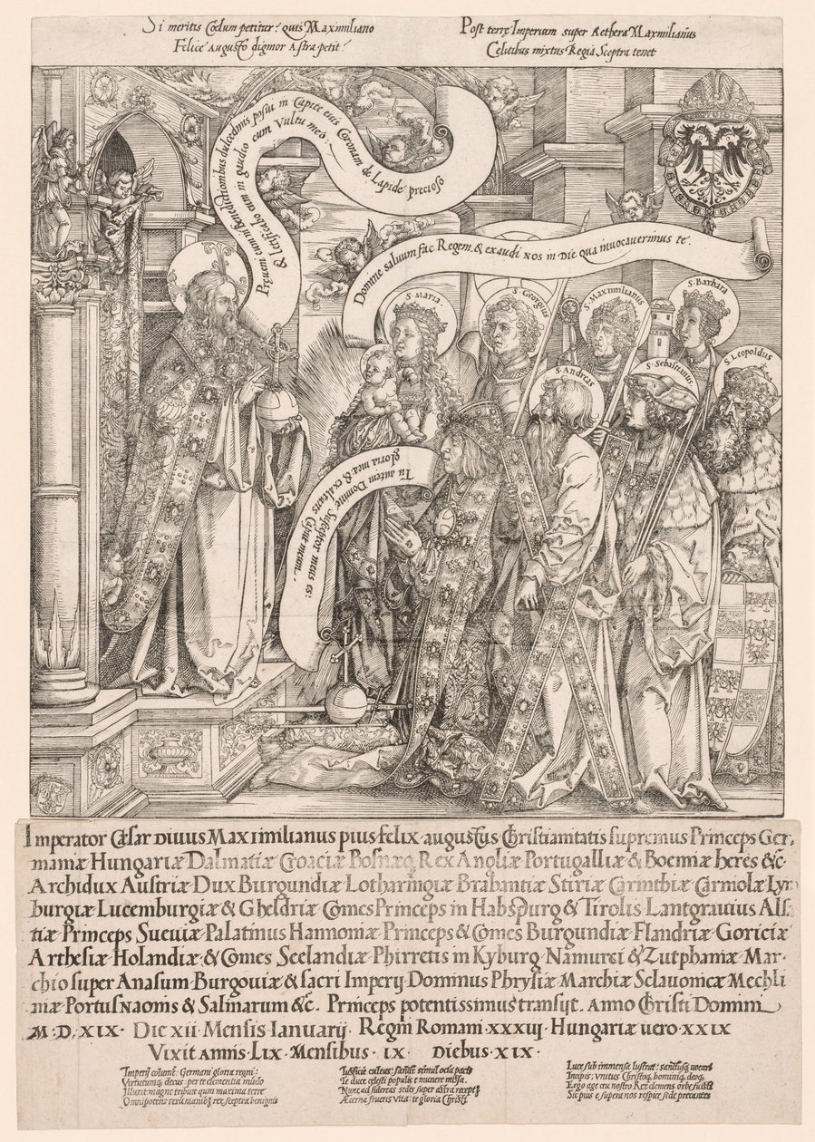 Maximilian presentert av hans skytshelgener til den allmektige, 1519. av Hans Springinklee