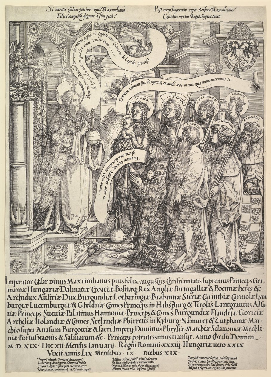Maximilian presentert av sine skytshelgener til den allmektige, 1519. av Hans Springinklee