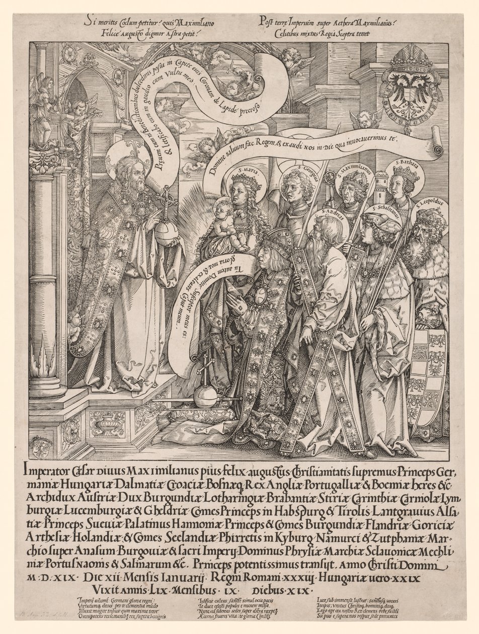 Keiseren Maximilian presentert av hans skytshelgener til den allmektige, 1519. av Hans Springinklee