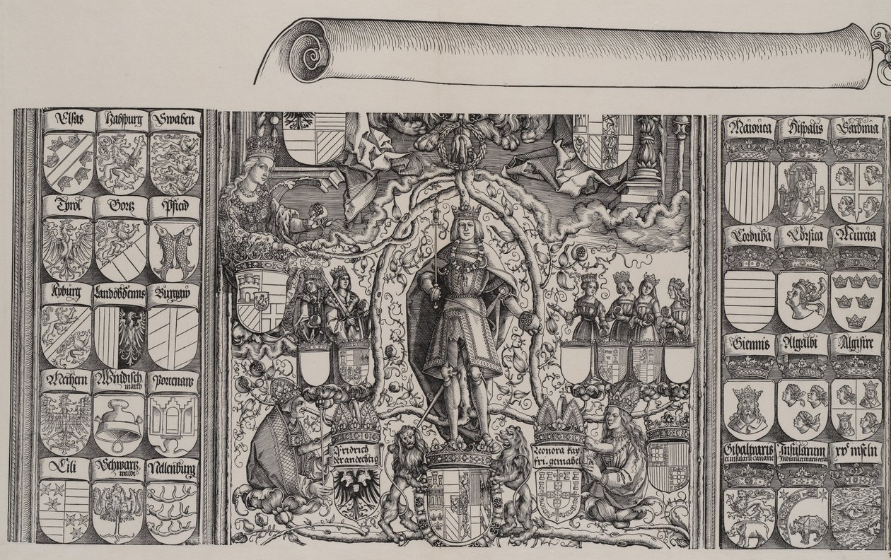 Den øvre delen av Genealogien til Maximilian, med høyre kant av rullen for ..., 1515. av Hans Springinklee